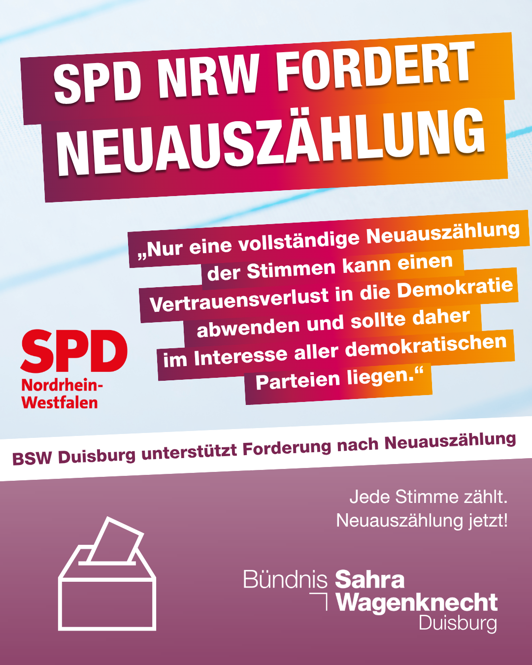 BSW Duisburg unterstützt SPD bei Forderung nach Neuauszählung