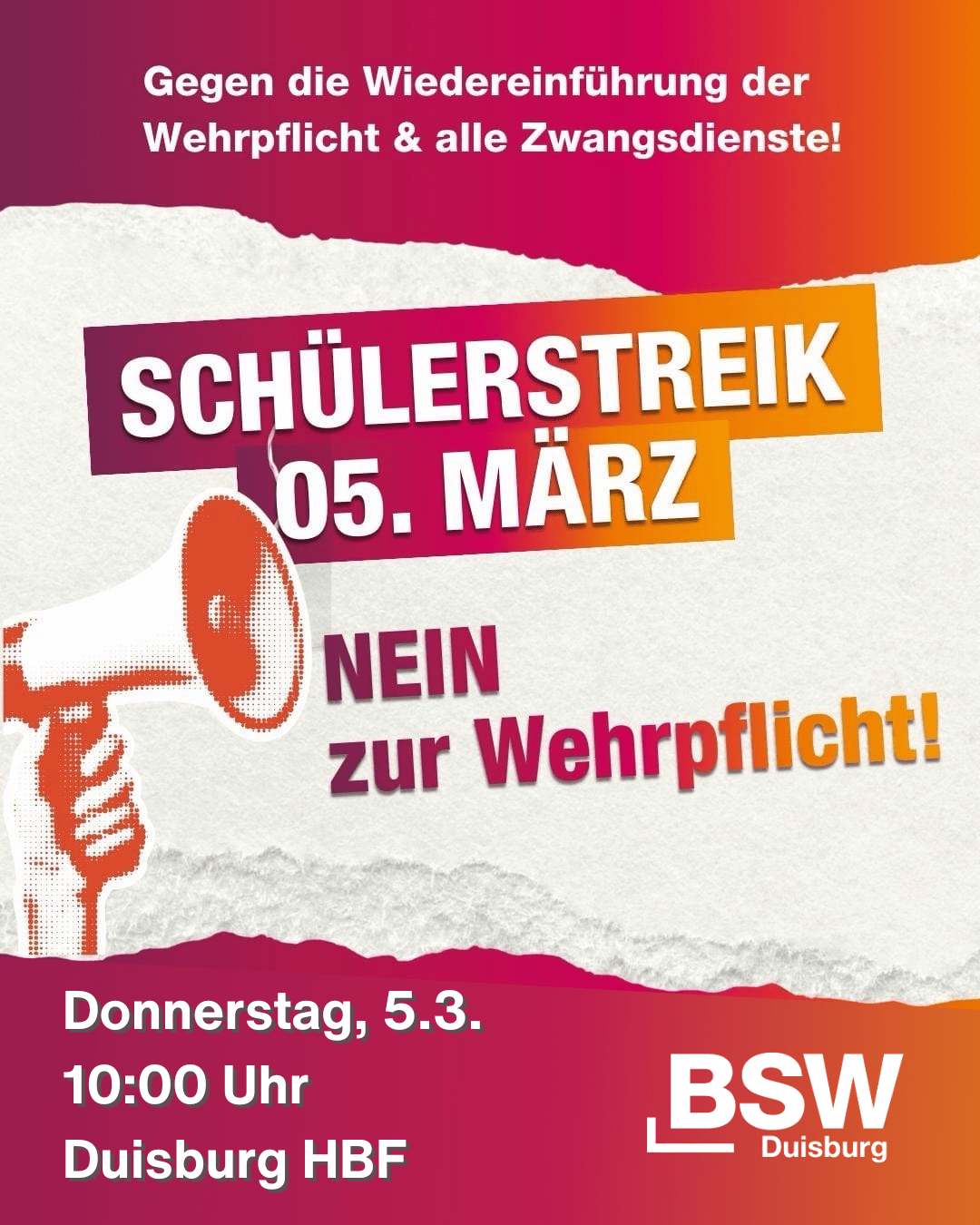 Schulstreik gegen die Wehrpflicht! Mach mit am 05.03. in Duisburg